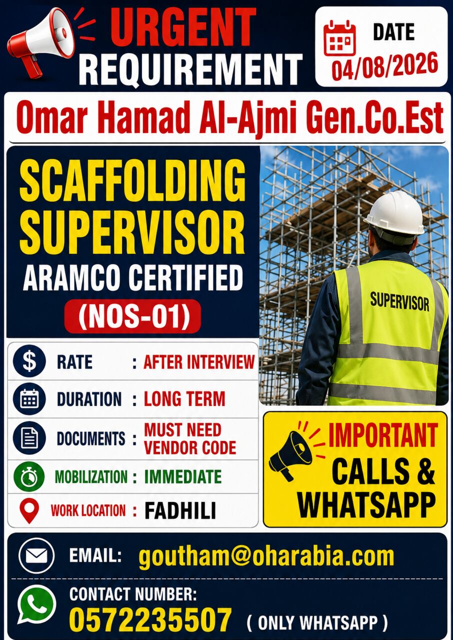 Jubail, Jobs, Scaffolding Supervisor Aramco Certified