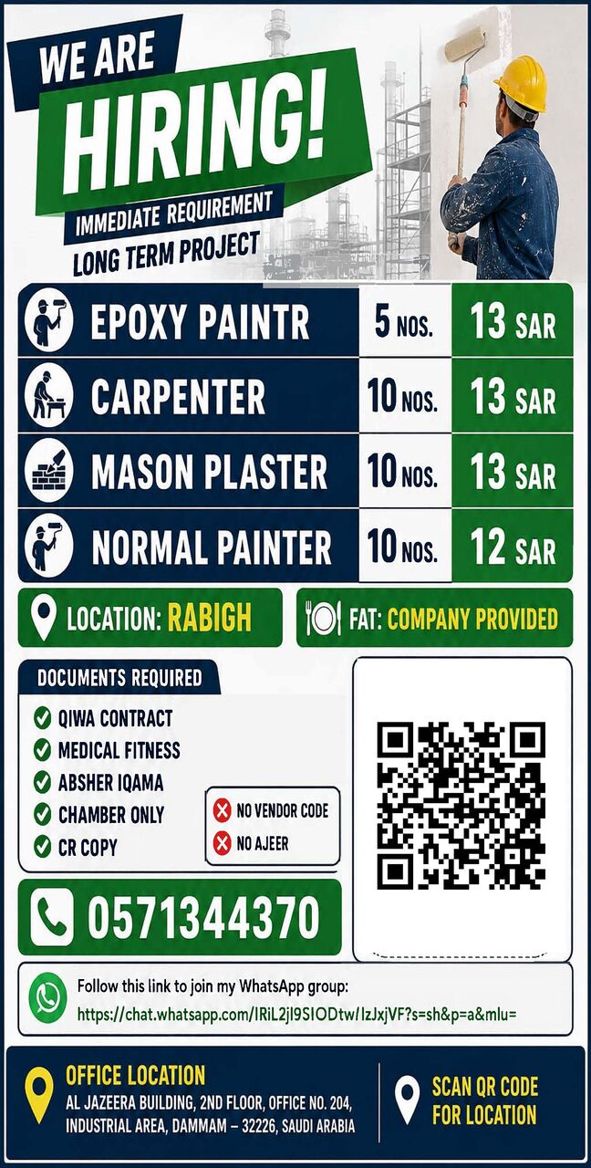 Jubail, Jobs, URGENT REQUIREMENT