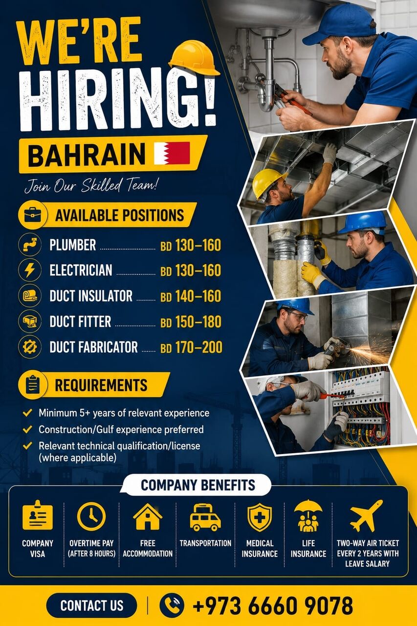 Manama, Jobs, Plumber, Electrician, Duct Insulator, Duct Fitter, Duct Fabricator
