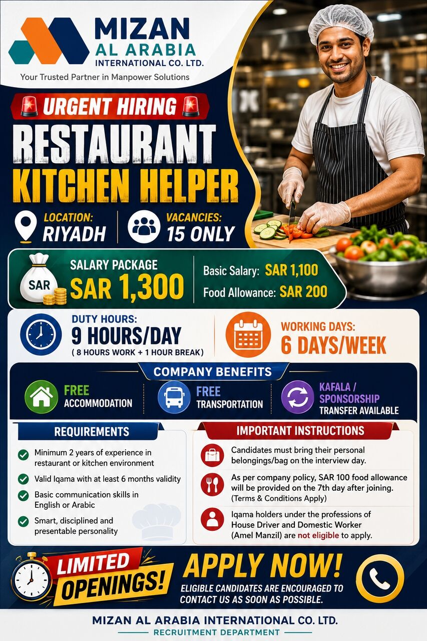 Riyadh, Jobs, 🚨🔥 URGENT HIRING – RESTAURANT KITCHEN HELPER 🔥🚨