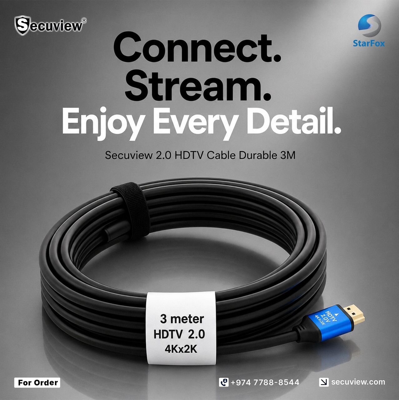 Doha, Electronics, QAR 19,  Secuview 2.0 HDTV Cable Durable 3M High-Speed Connectivity.