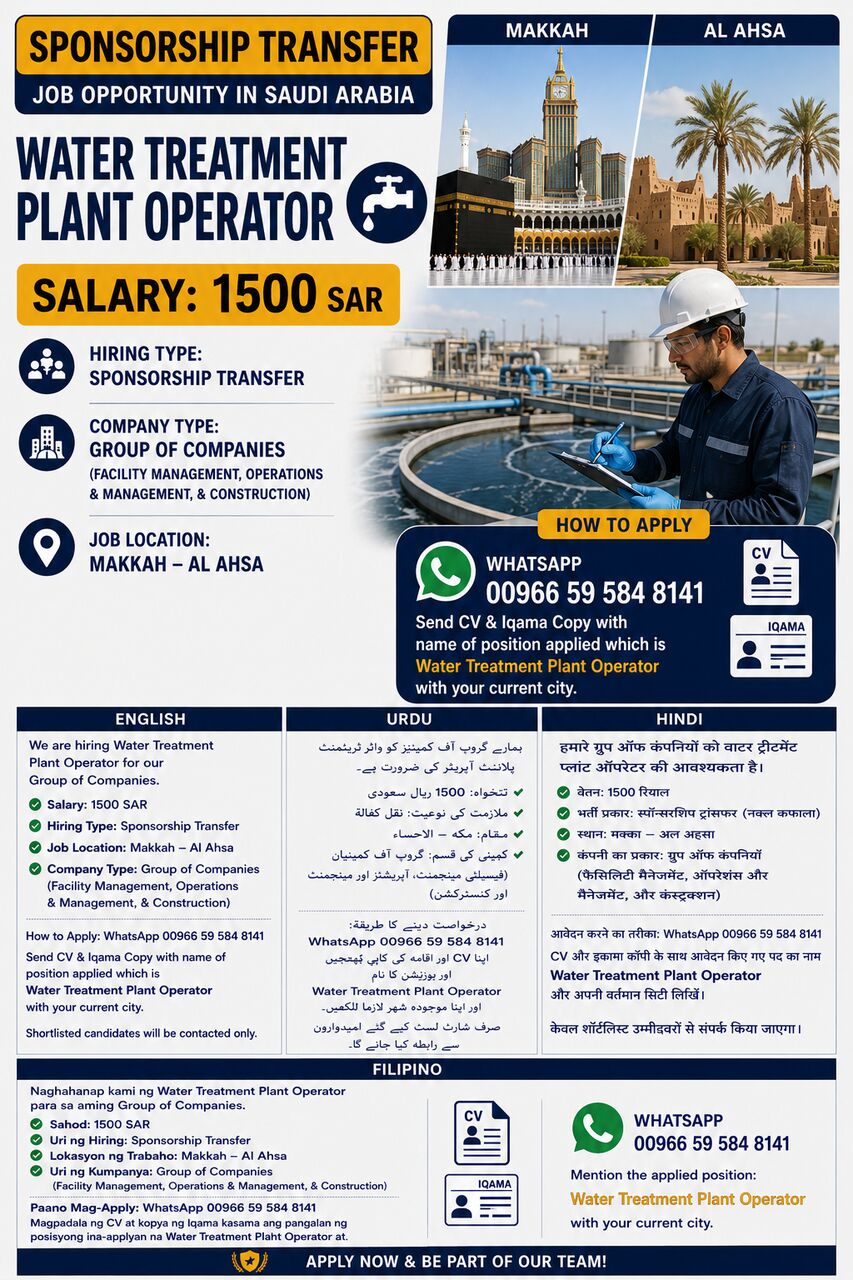 Makkah, Jobs, Water Treatment Plant Operator