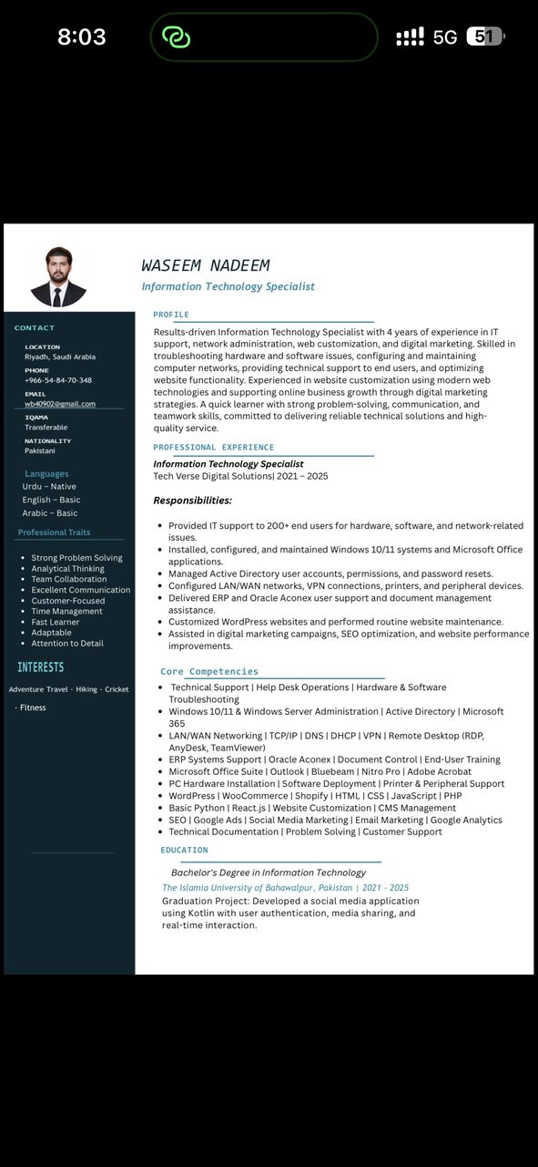 Riyadh, Job Seekers, IT Specialist | Technical Support | System & Network Administrator