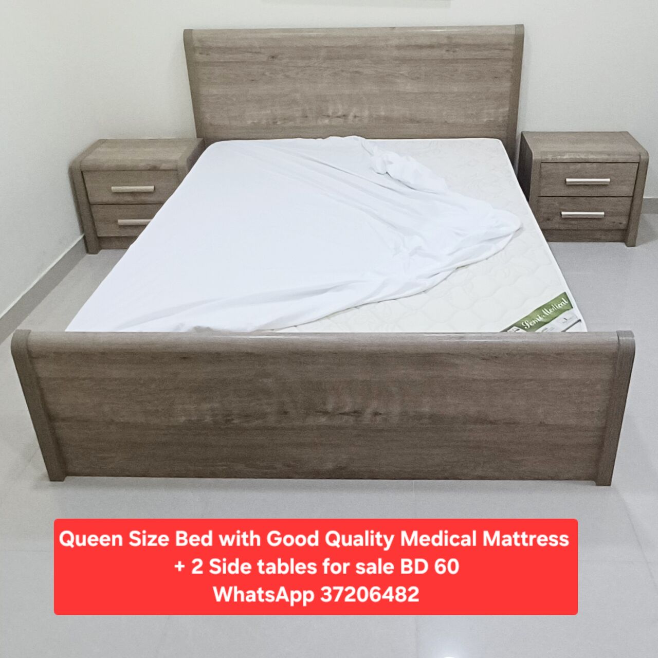 Manama, Furniture, BHD 60,  ✅️ Queen Size Bed With Medical Mattress + 2 Side Tables For Sale With Delivery