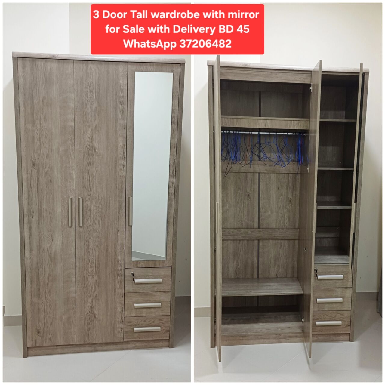 Manama, Furniture, BHD 45,  ✅️3 Door Tall Wardrobe With Mirror For Sale In Good Condition With Delivery