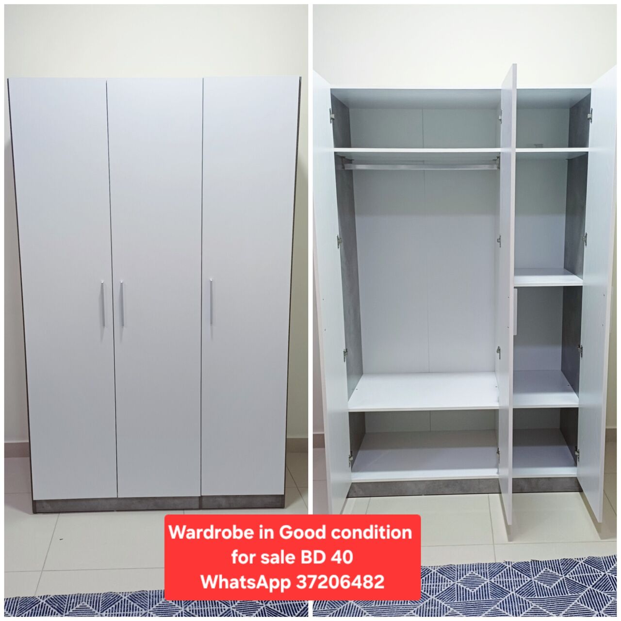 Manama, Furniture, BHD 40,  ✅️ White 3 Door Wardrobe For Sale In Good Condition With Delivery