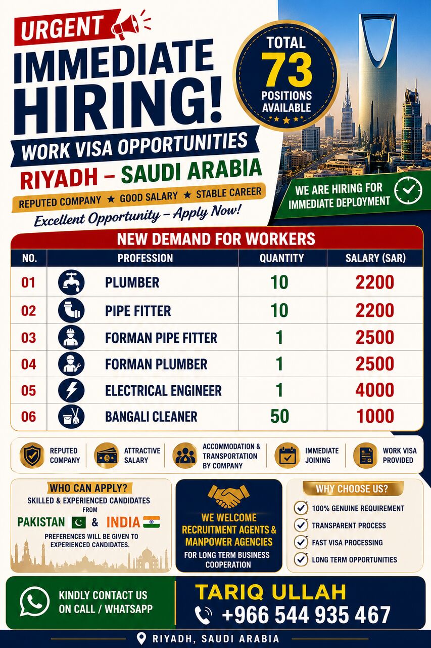 Riyadh, Jobs, 🚨 URGENT WORK VISA - Riyadh - Plumbers, Pipe Fitters, Engineers & Cleaners Required