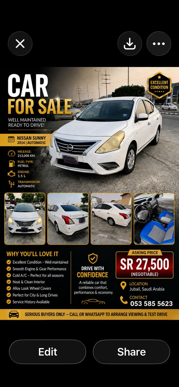 Al Jubail Al Balad, Vehicles, Cars & Trucks , SAR 27500,  Nissan Sunny,  2015,  Automatic,  210000 KM,  🚗 FOR SALE –   ()