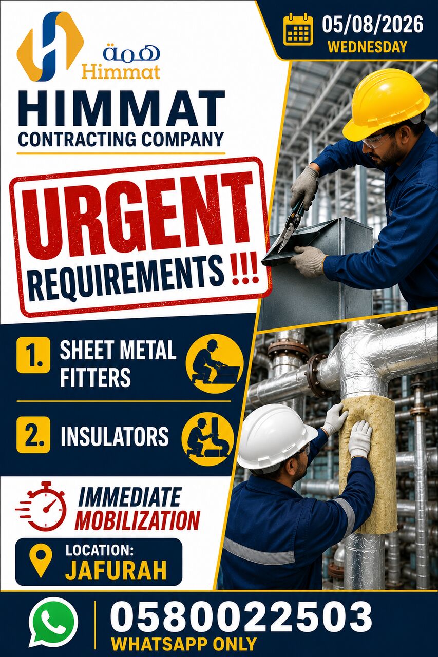 Jubail, Jobs, 1.sheet Metal Fitters.  2.insulators