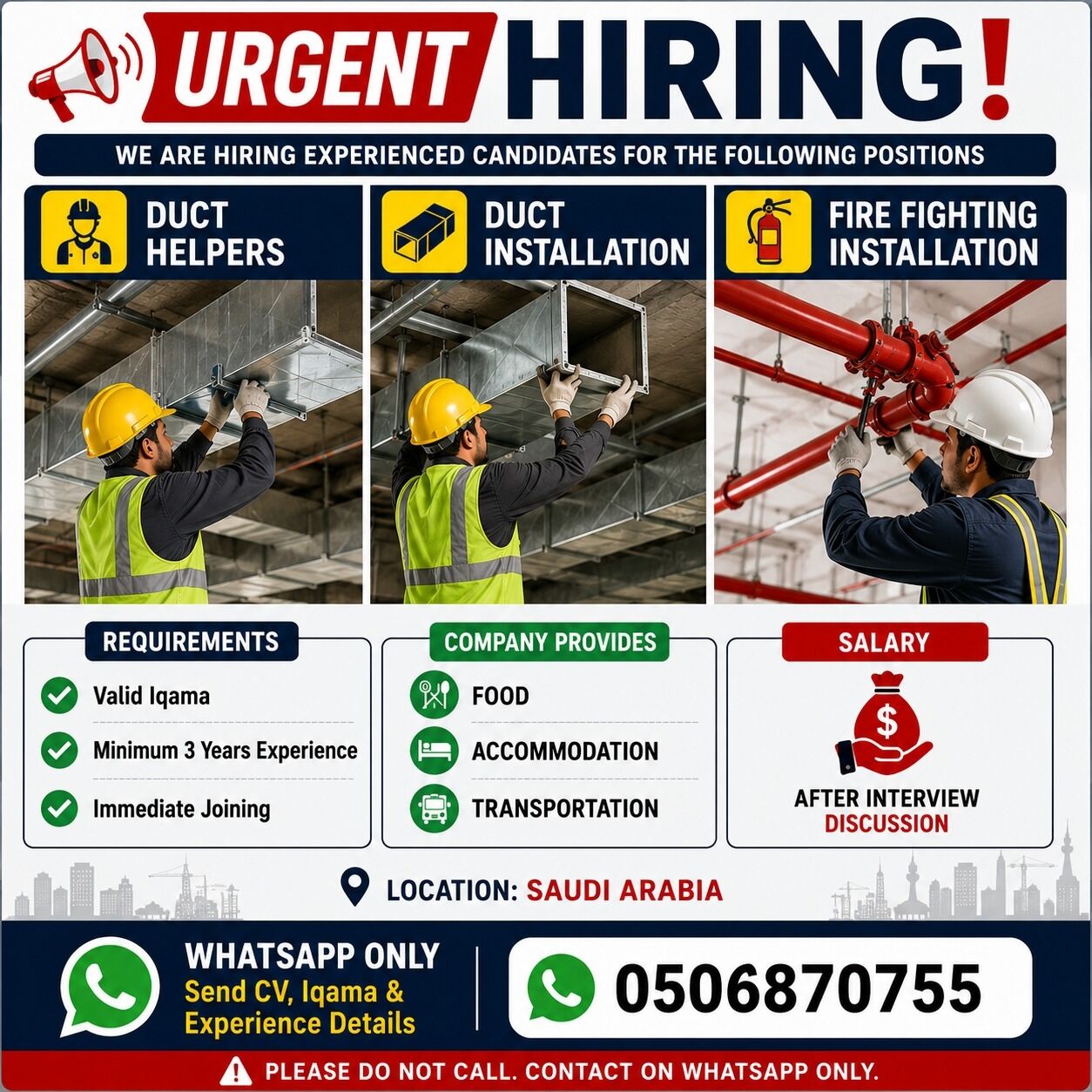 Riyadh, Jobs, 🚨 **URGENT HIRING – Duct Helpers | Duct Installation |Fire Fighting Installations