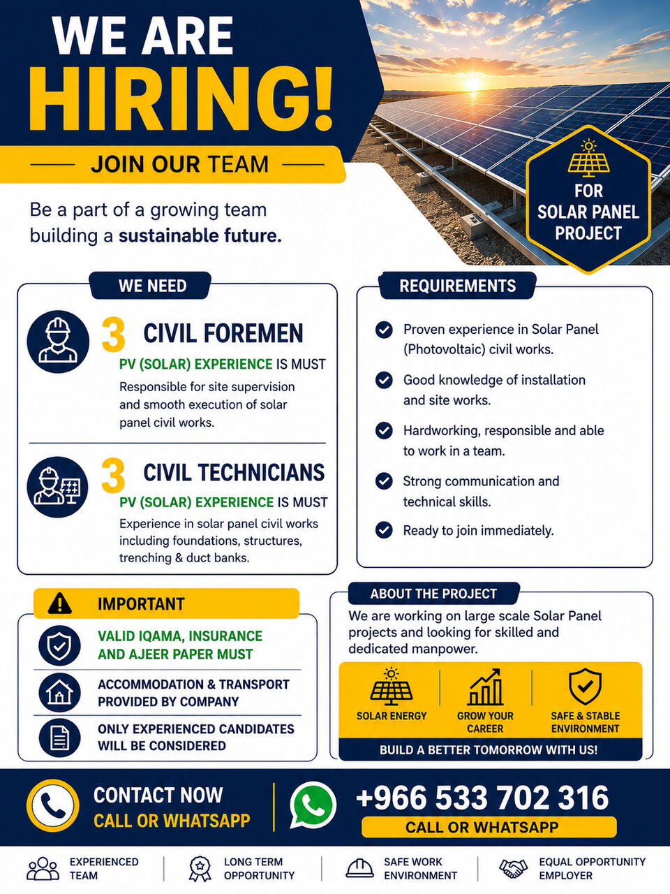 Riyadh, Jobs, 🚨 Hiring – Solar Panel Project 🚨