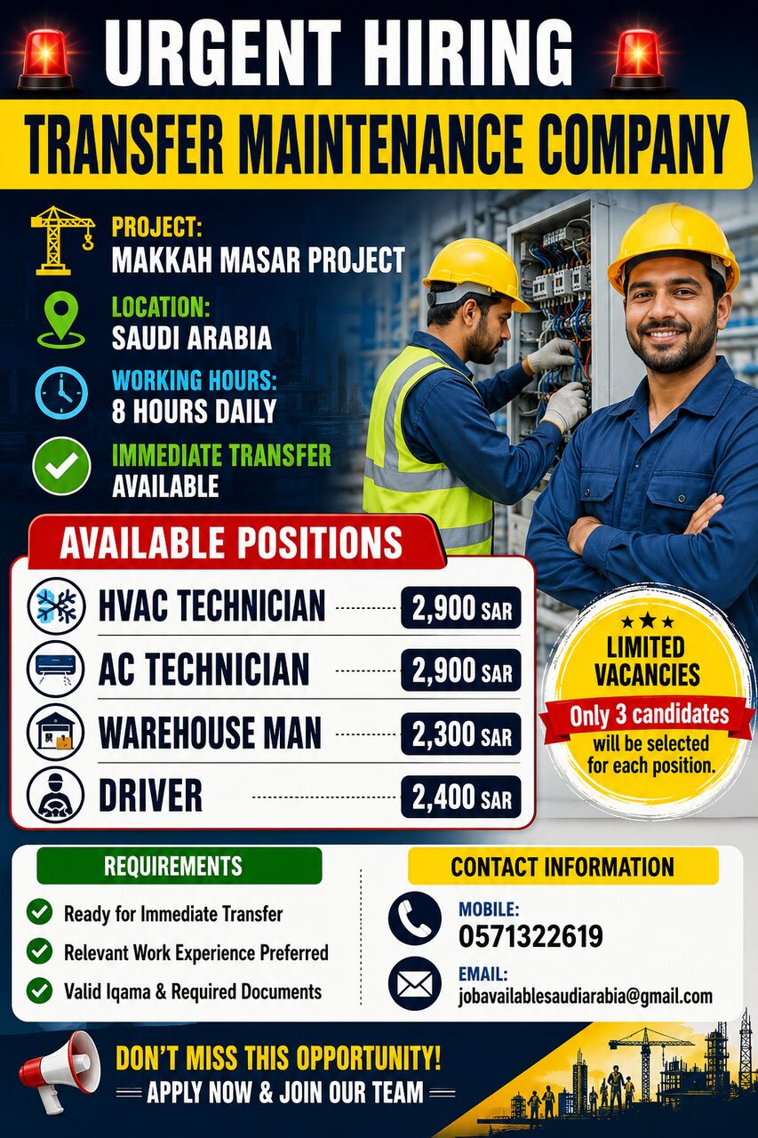Riyadh, Jobs, 🚨 URGENT HIRING – TRANSFER MAINTENANCE COMPANY To