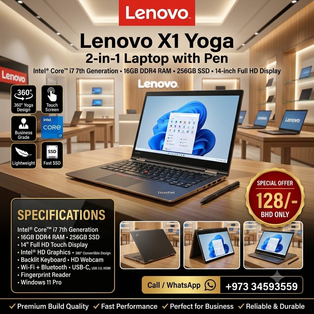 Muharraq, Electronics, BHD 128,  Lenovo X1 Yoga Core I7 Touch 2 In 1 Laptop + Tablet With Pen 16GB RAM 14" FHD Touch Screen