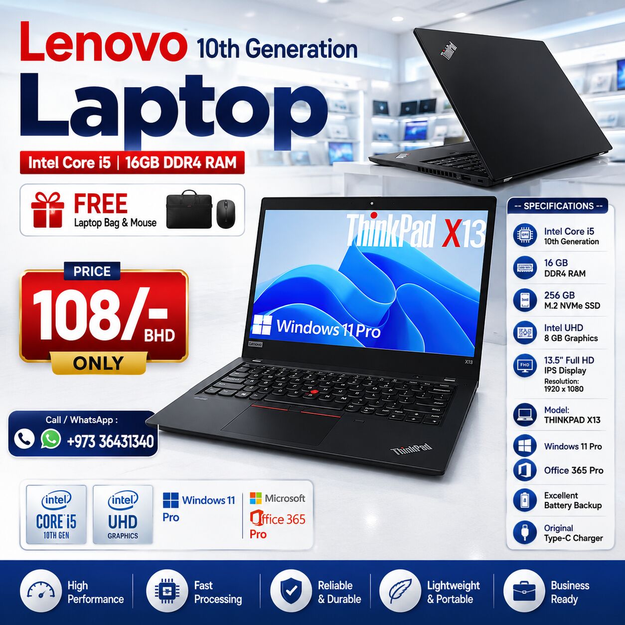 East Riffa, Computers, BHD 108,  Special Offer Lenovo 10th Generation Core I5 Business Laptop 16GB DDR4 RAM 14" FHD Display