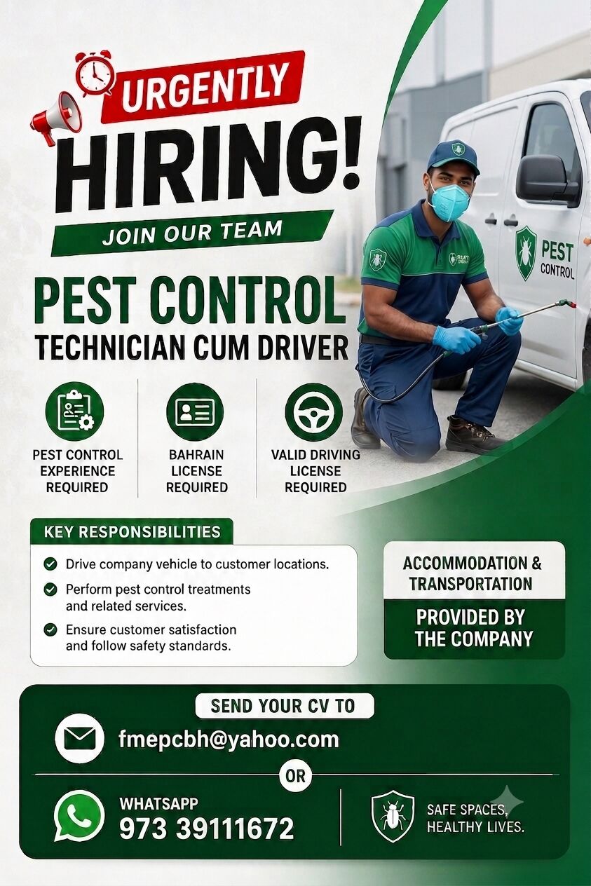 Muharraq, Jobs, Urgently Hiring: Pest Control Technician Cum Driver