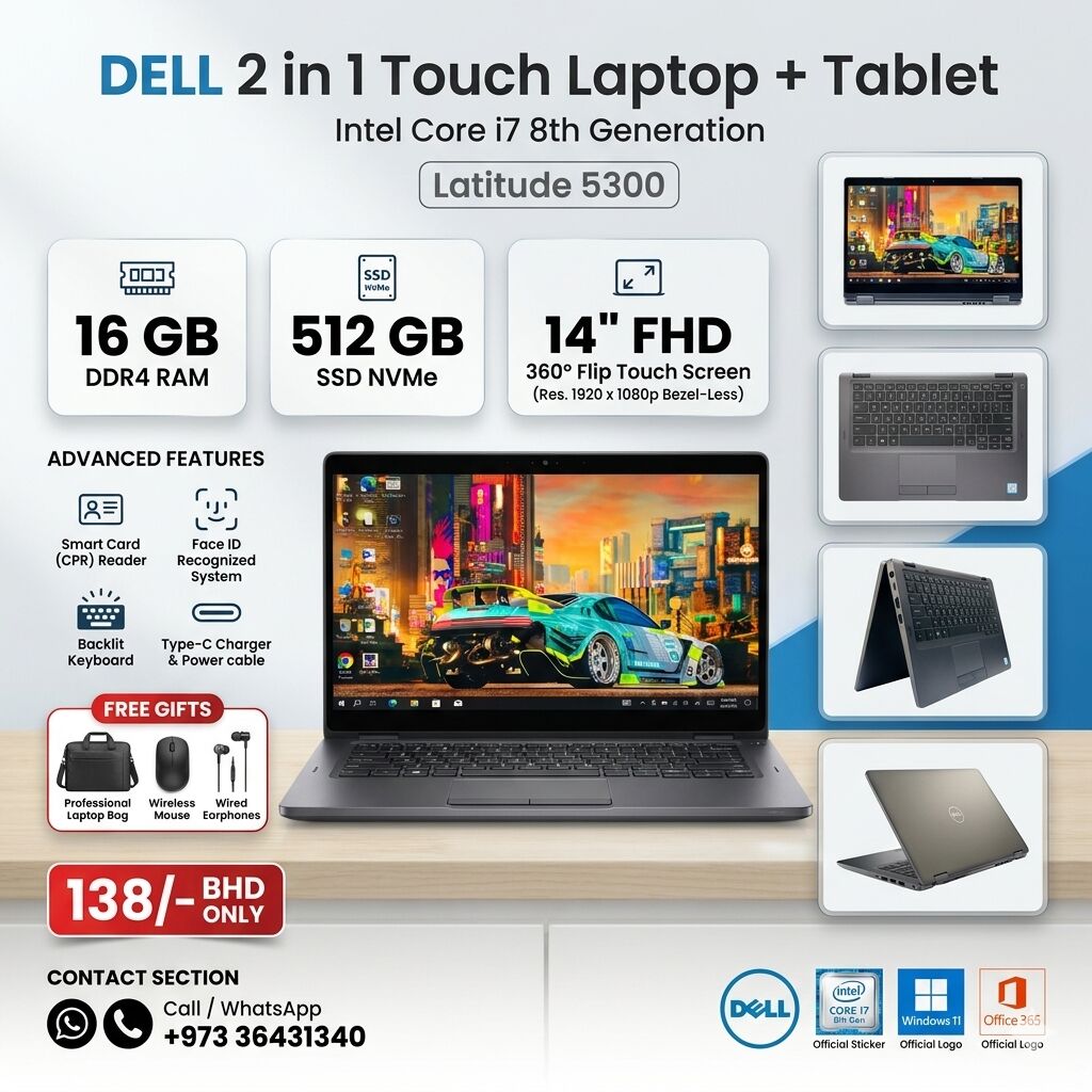 East Riffa, Computers, BHD 138,  DELL Core I7 8th Generation Touch Laptop + Tablet 16GB DDR4 RAM SSD 512GB 14" Touch Screen