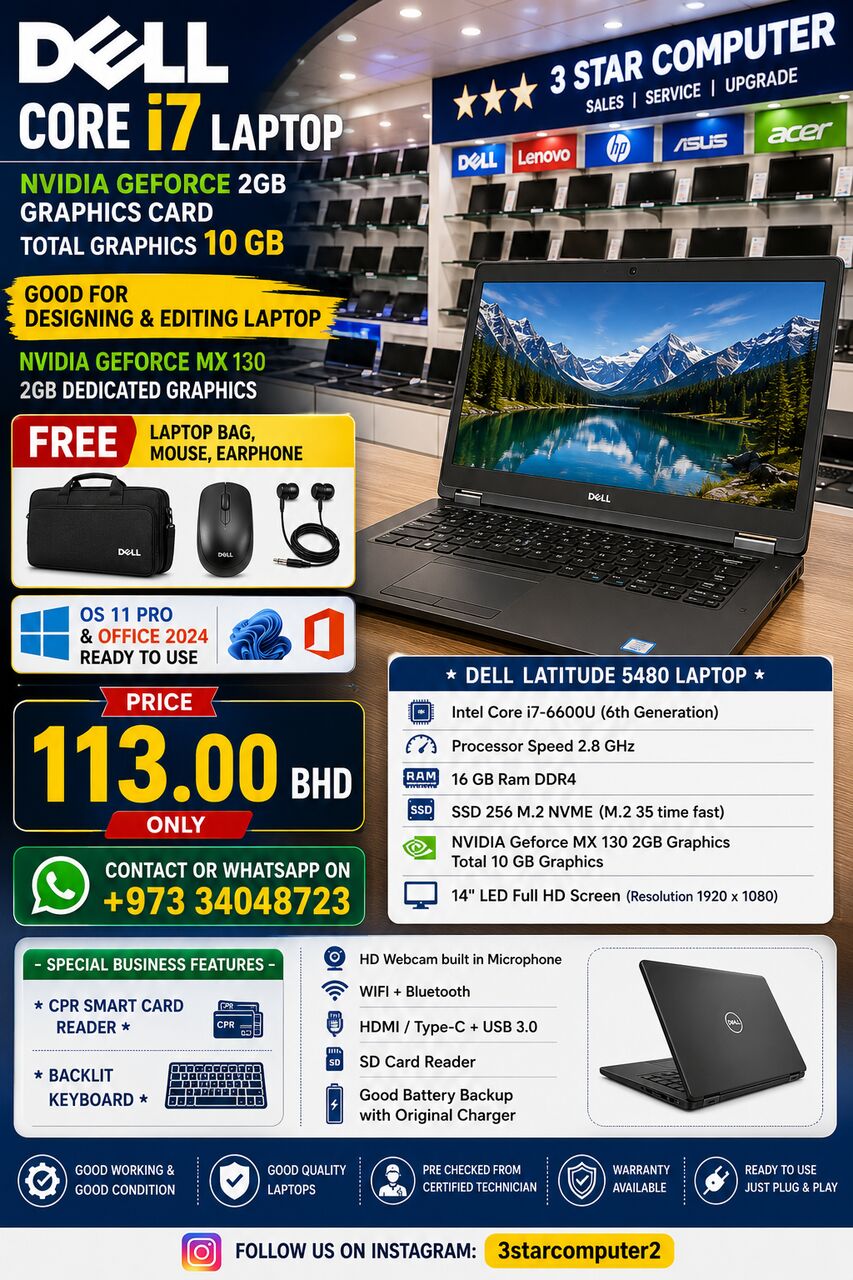 Manama, Computers, BHD 113,  DELL Core I7 Laptop 16 GB Ram (2GB Graphic Total 10GB)For Designing,Editing FREE Bag,Mouse