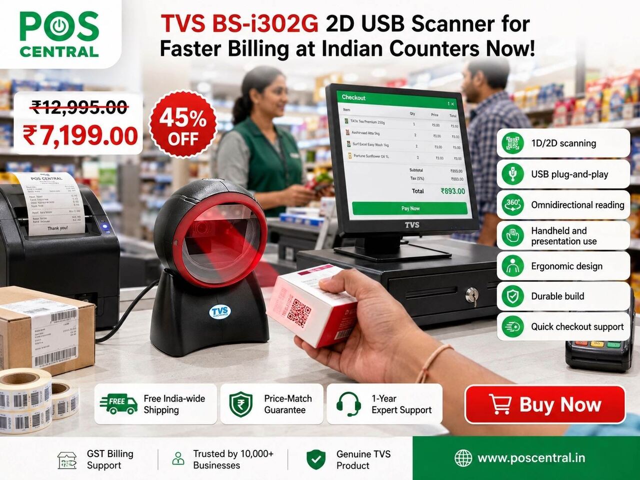 Noida, Computers, INR 7199,  Get TVS BS-i302G 2D USB Scanner For Indian POS Counters
