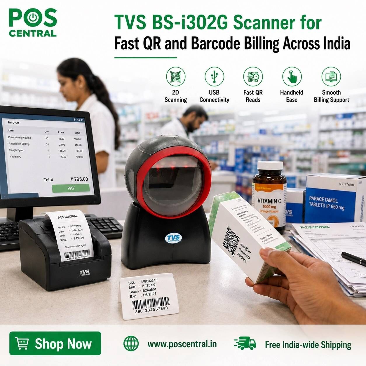 Noida, Computers, INR 7199,  Get TVS BS-i302G 2D USB Scanner For Indian POS Counters
