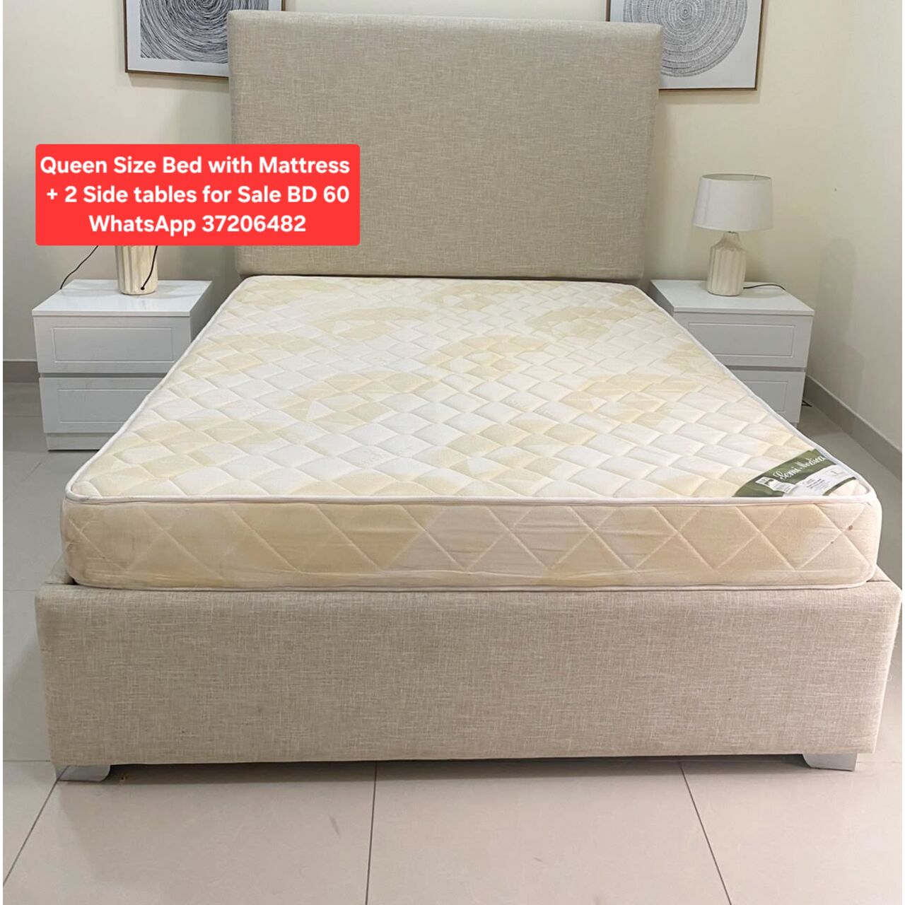 Manama, Furniture, BHD 60,  ✅️ Queen Size Bed With Mattress + 2 Side Tables For Sale In Good Condition With Delivery