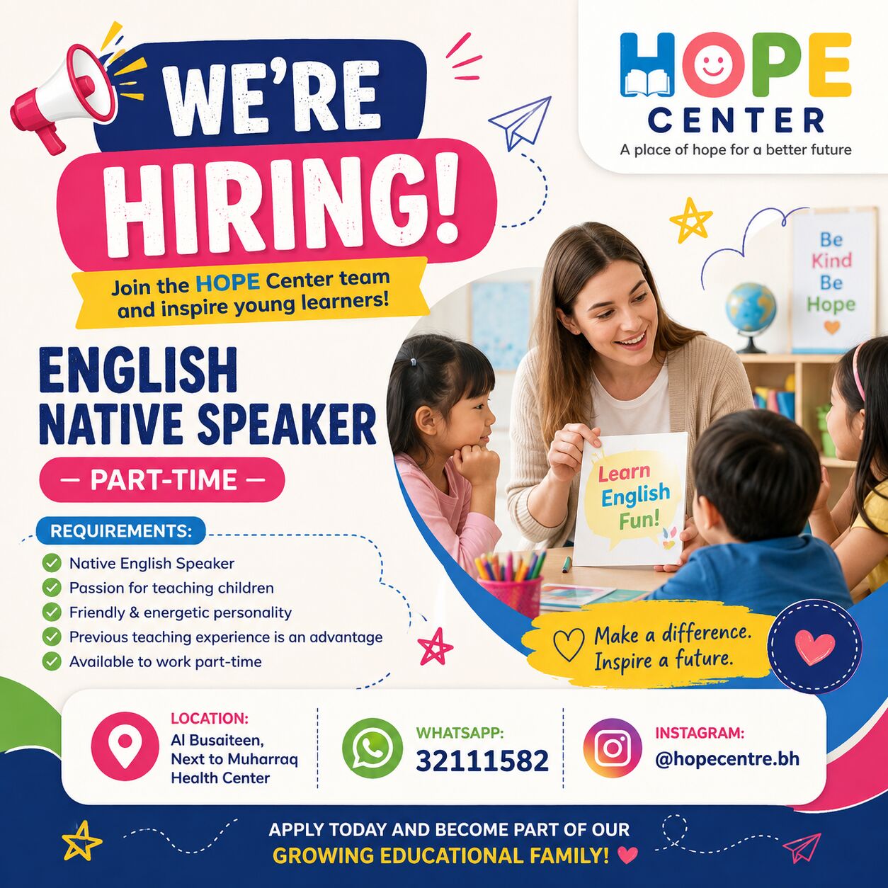 Busaiteen, Jobs, NATIVE Speaker Part Time English Teacher
