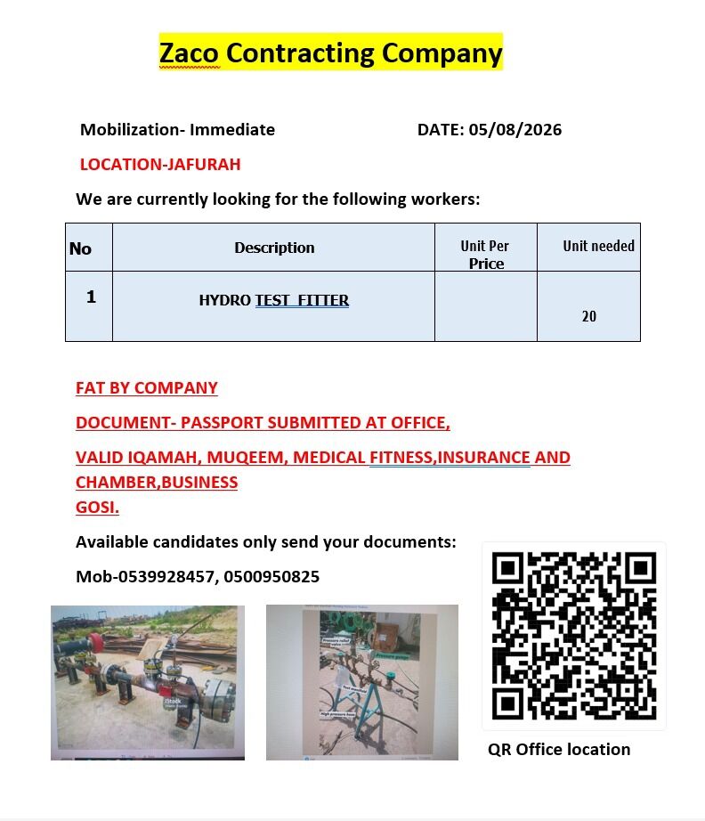 Riyadh, Jobs, Hydro Test Fitter
