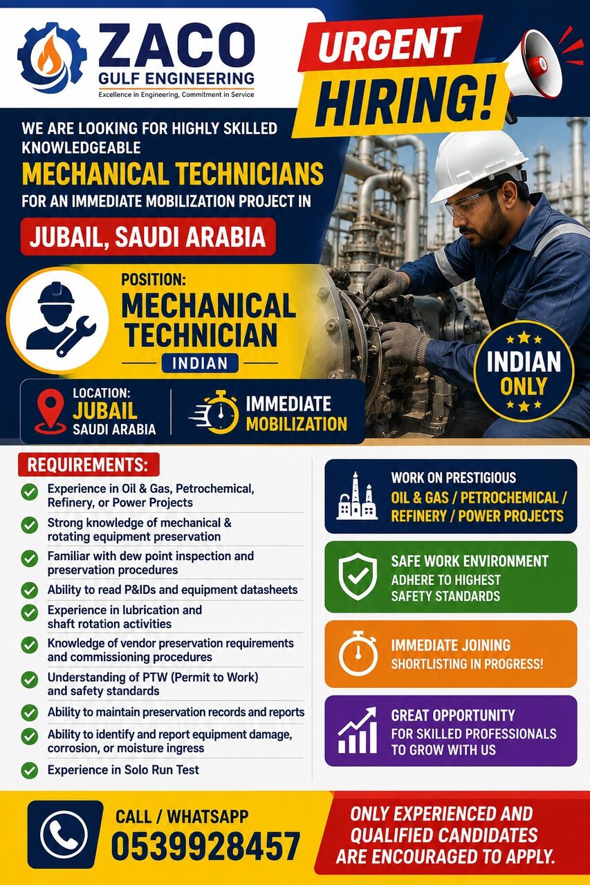 Jubail Industrial City, Jobs, MECHANICAL TECHNICIAN - INDIAN ONLY