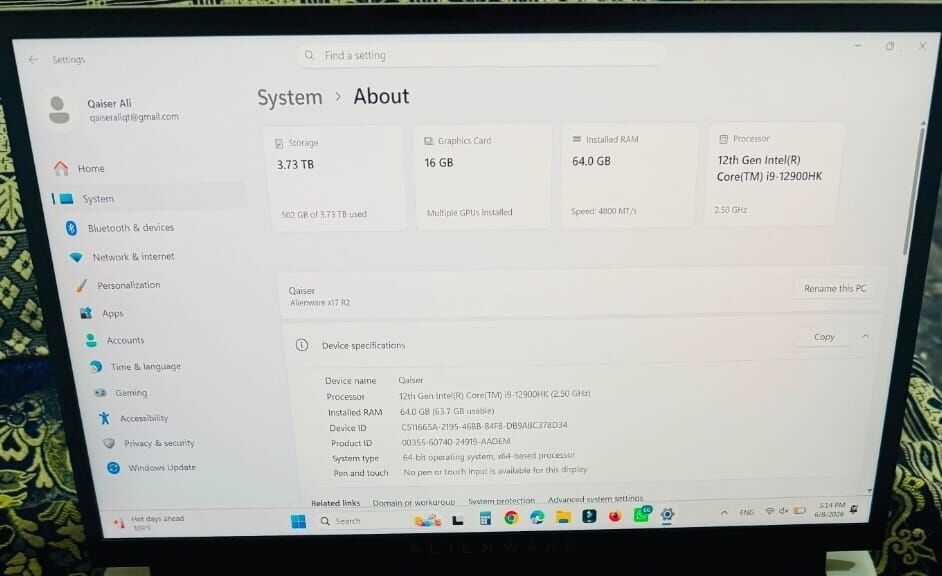 Riyadh, Computers, SAR 13750,  Alienware M17 R2 ( RTX 3080Ti) Intel Core I9 - 12900HK RamDDR5 64GB SSD 4TB