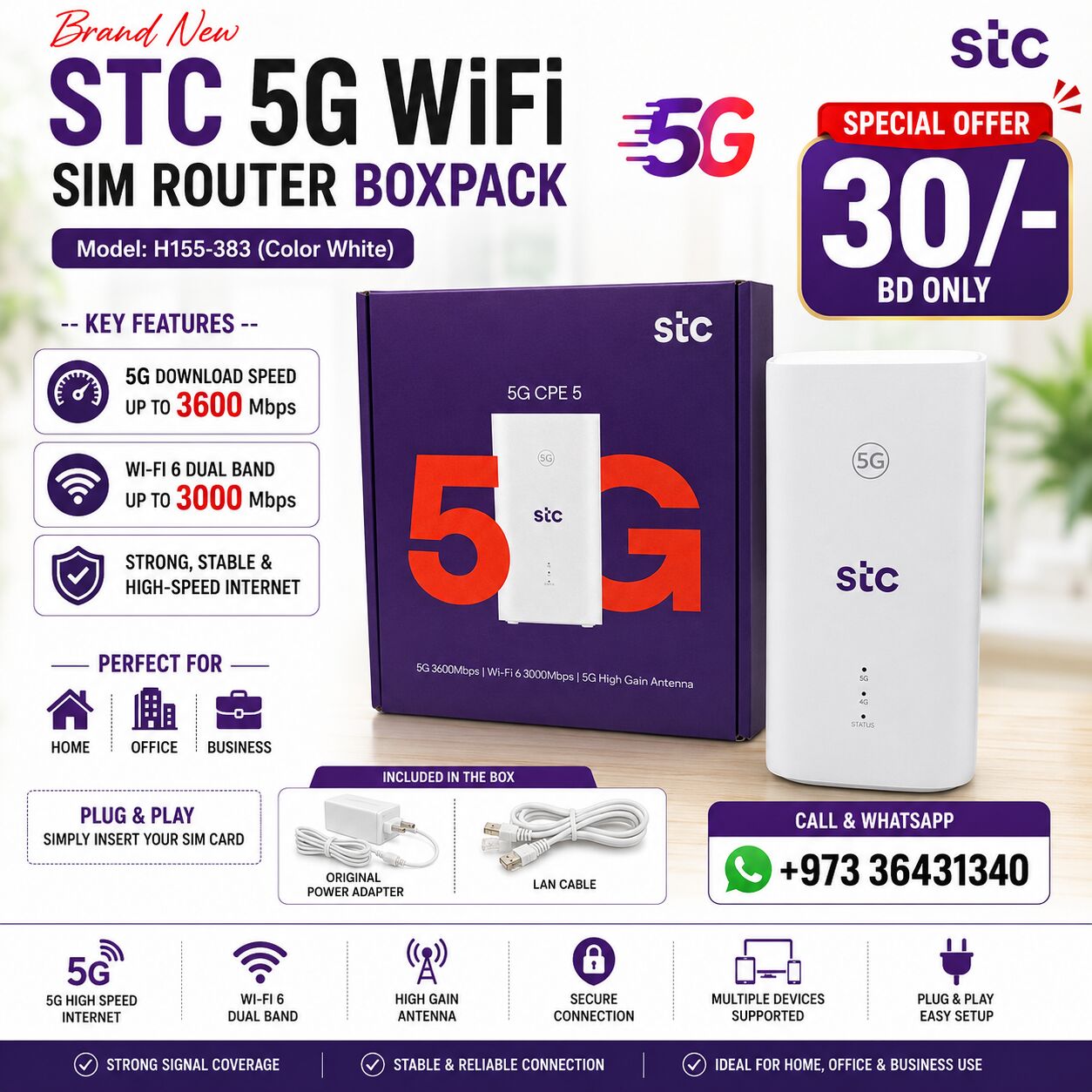 East Riffa, Computers, BHD 30,  Brand New STC 5G WiFi-6 SIM Router BoxPack (Ultra High Speed) 30/-BD Only Call: 36431340