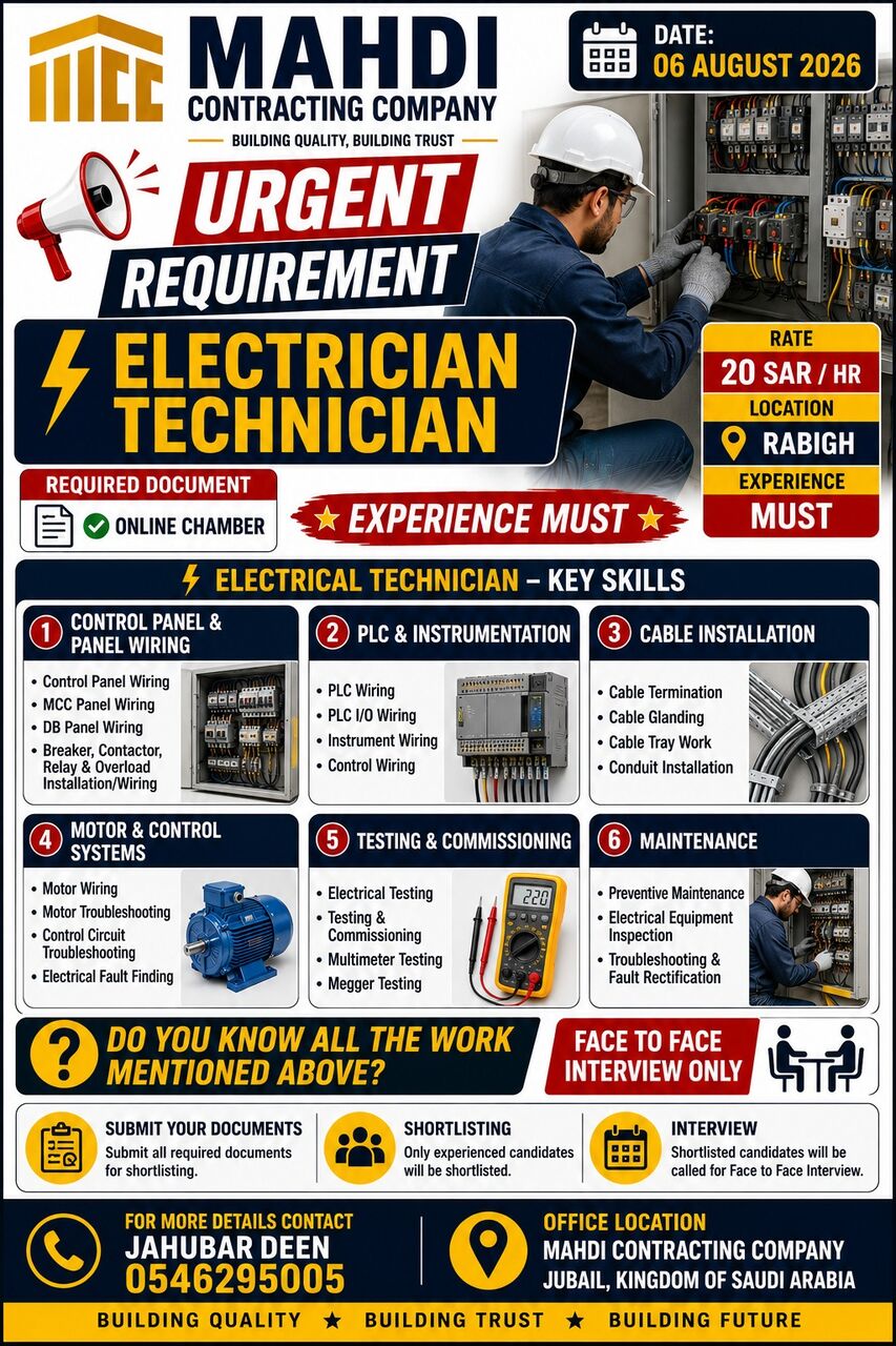 Rabigh, Jobs, URGENT REQUIREMENT FOR ELECTRICIAN TECHNICIAN