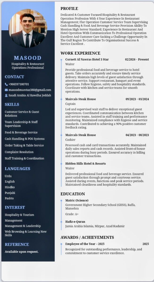 Jeddah, Job Seekers, Waiter / Housekeeping