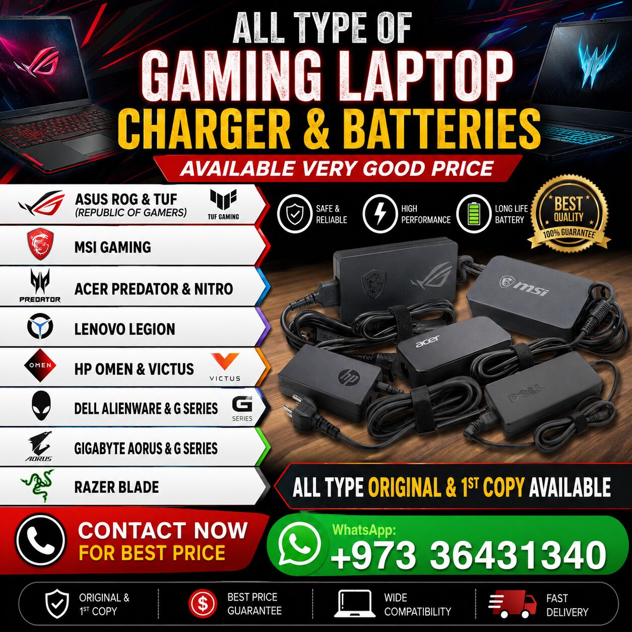 East Riffa, Computers, New All Type Of Gaming Laptop Chargers & Batteries Are Available (Original & 1st Copy) 364