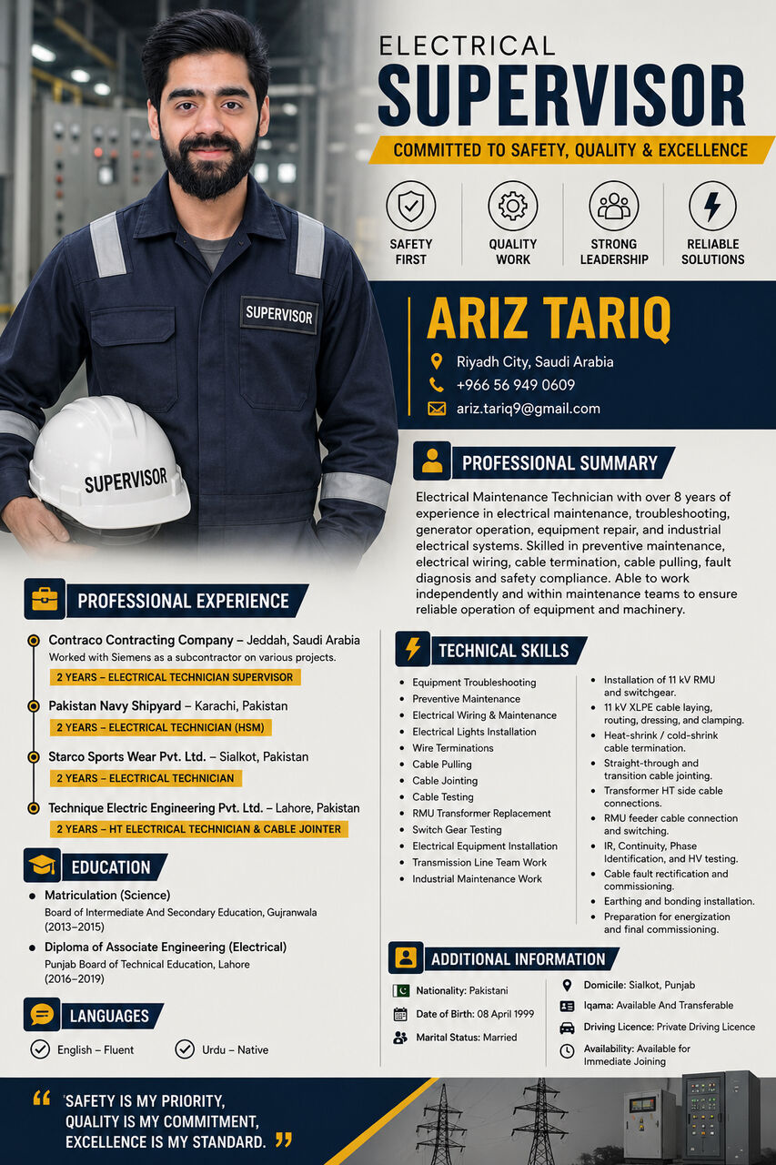 Riyadh, Job Seekers, Electrical Supervisor