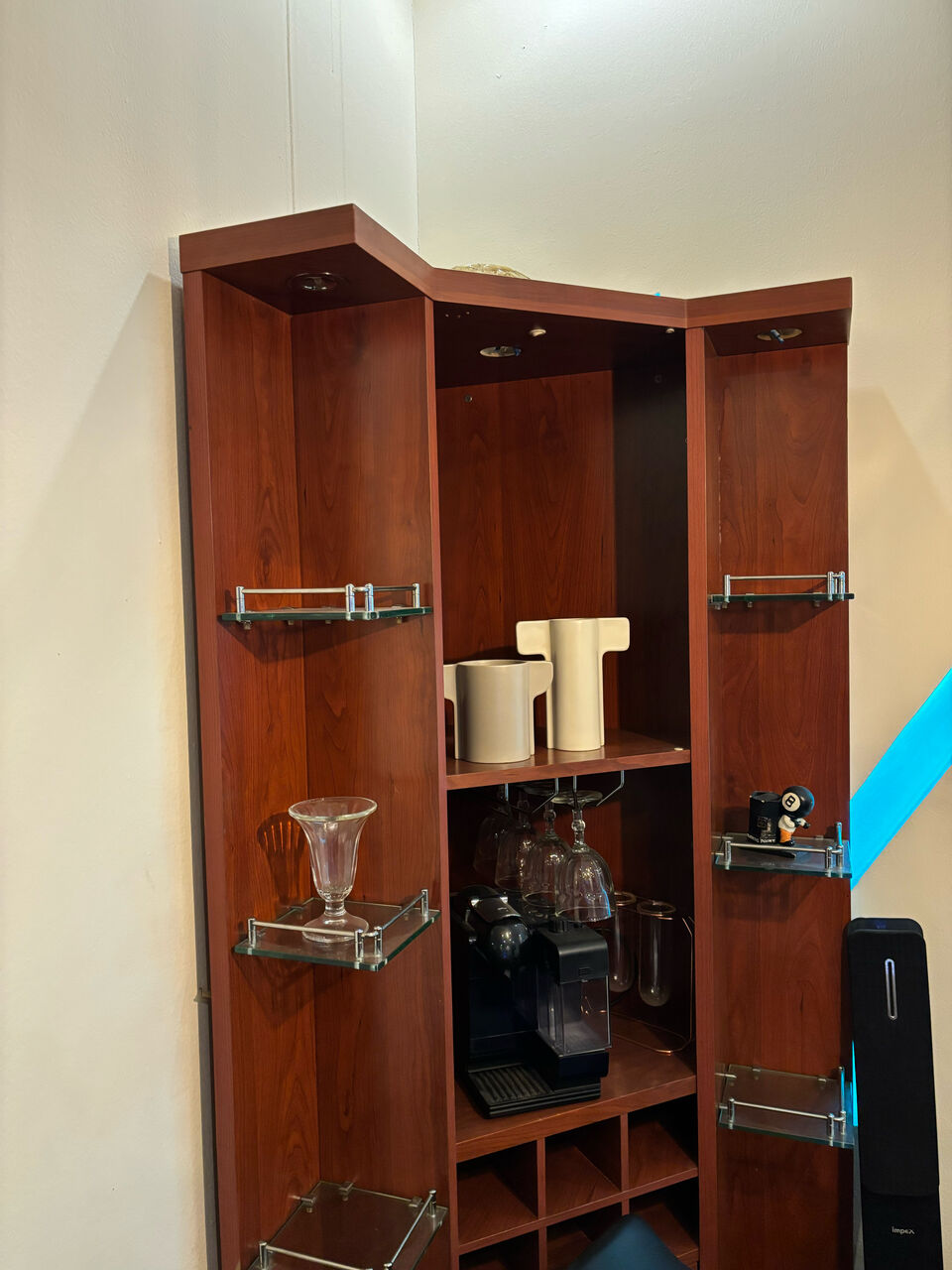 Khobar, Furniture, SAR 1600,  Elegant Wooden Corner Bar Cabinet Set With Display Shelves &ndash; Excellent Condition