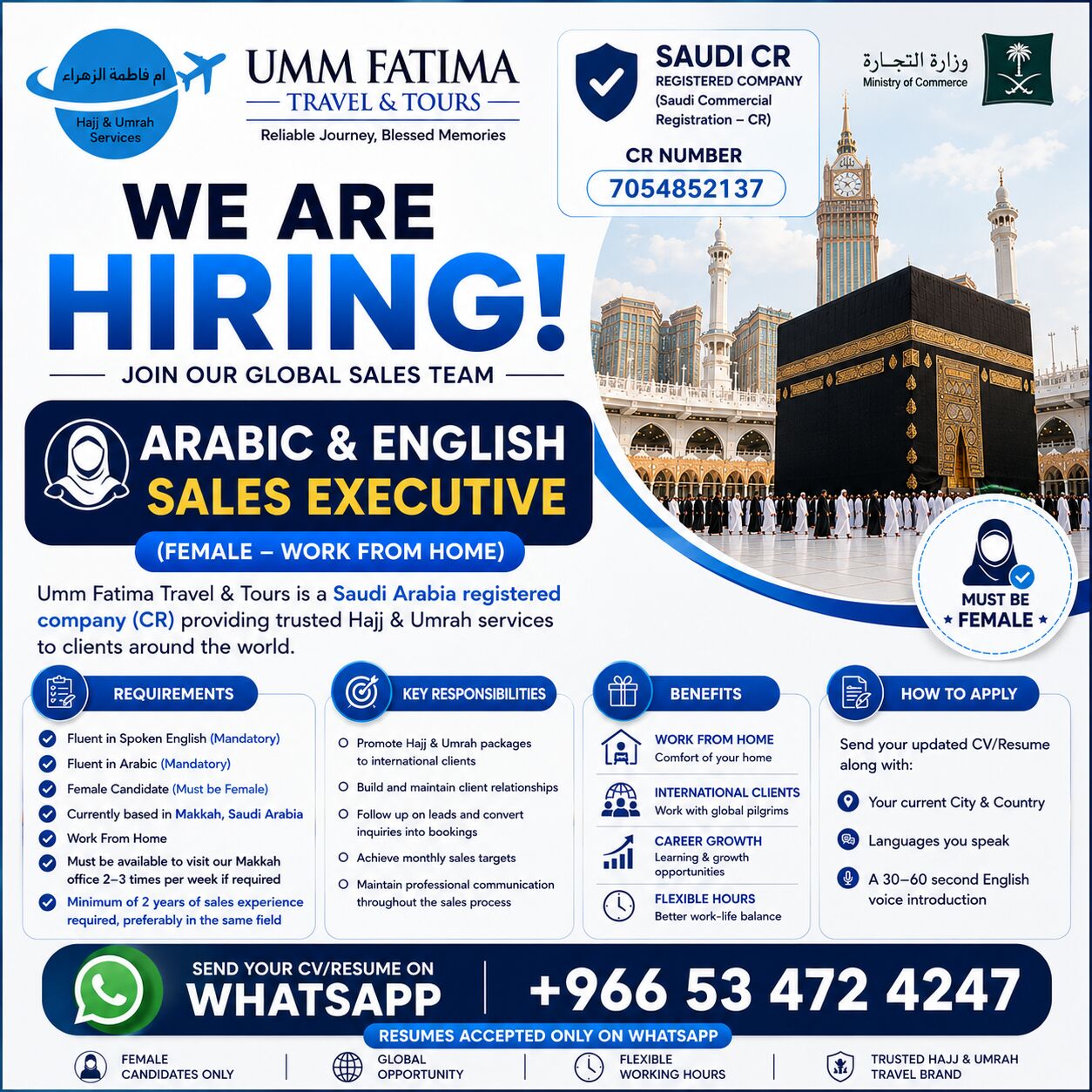 Makkah, Jobs, Saudi Female Arabic & English Sales Executive Required &ndash; Makkah