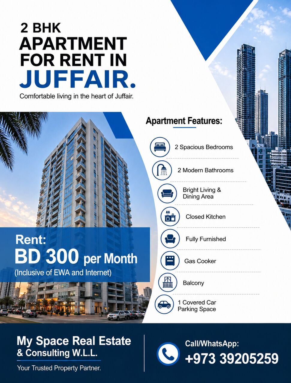 Juffair, Apartments, Flats, Houses & Villas, BHD 300/month,  Furnished,  2 BR,  Apartment For Rent In Juffair