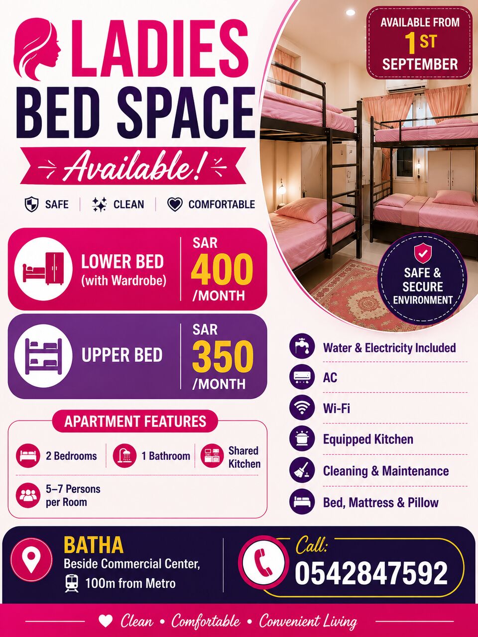 Al Batha, Bedspace For Rent, SAR 350/month,  50 Sq. Meter,  Premium Ladies Bed Space For Rent &ndash; Batha