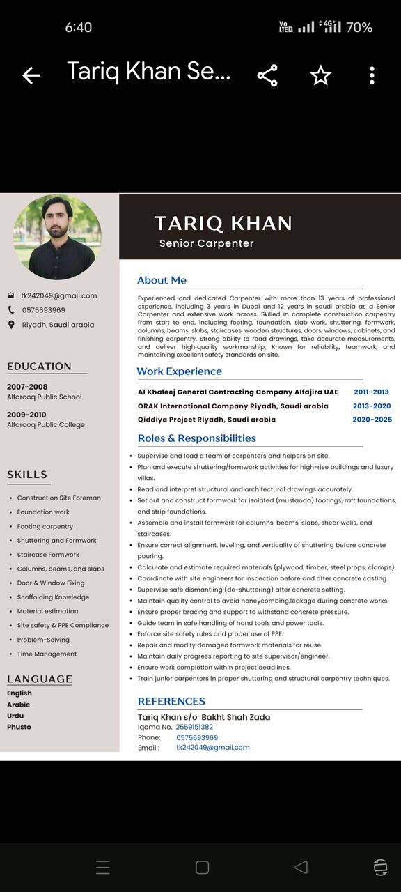 Riyadh, Job Seekers, Sr. Foreman Carpenter