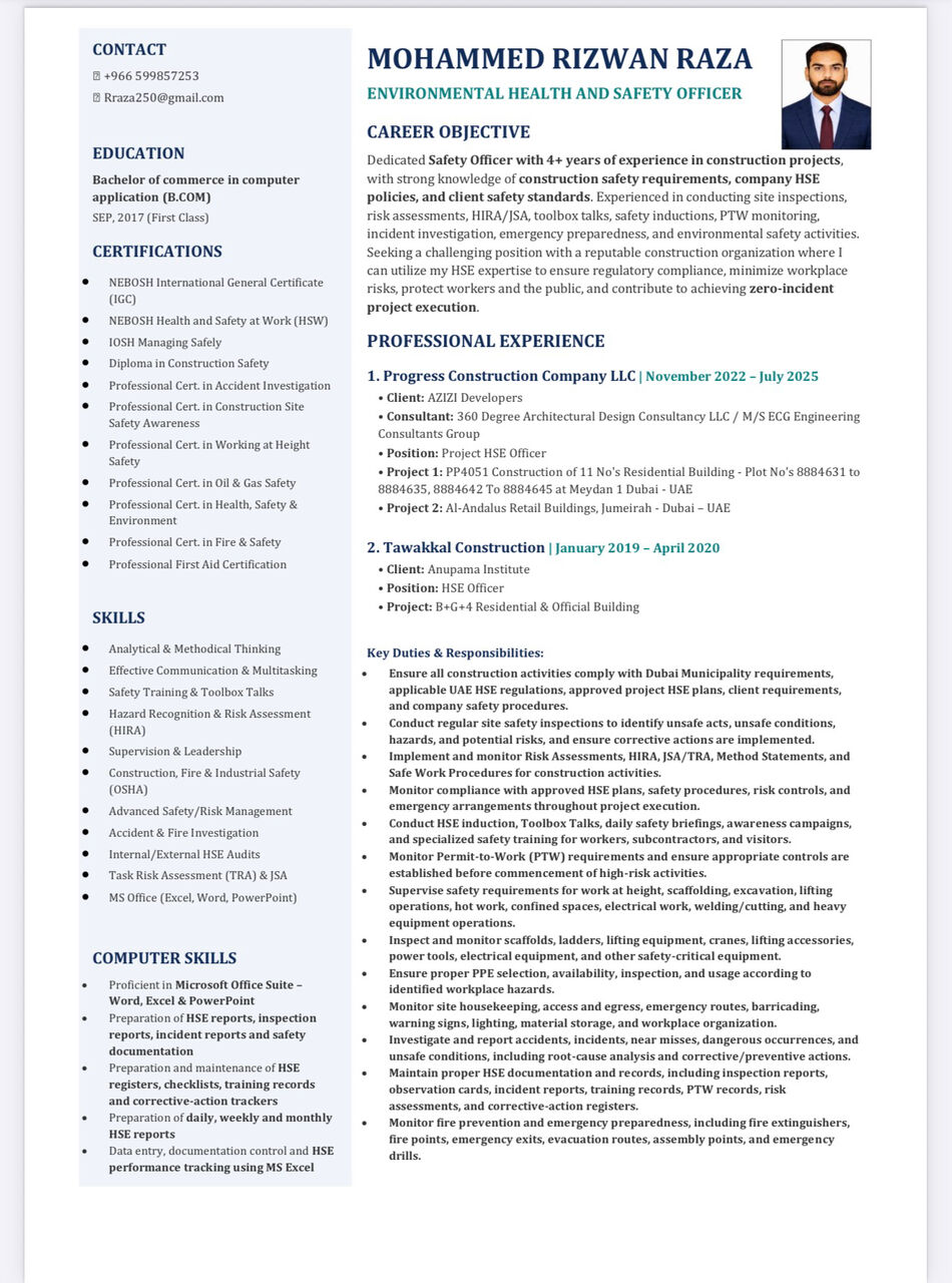 Yanbu, Job Seekers, HSE OFFICER | SAFETY OFFICER | NEBOSH IGC CERTIFIED