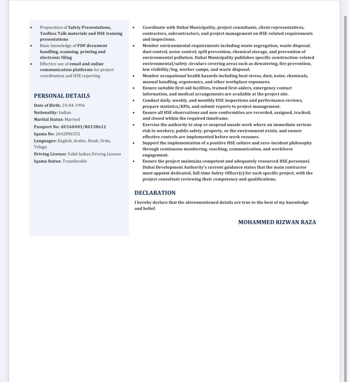 Yanbu, Job Seekers, HSE OFFICER | SAFETY OFFICER | NEBOSH IGC CERTIFIED