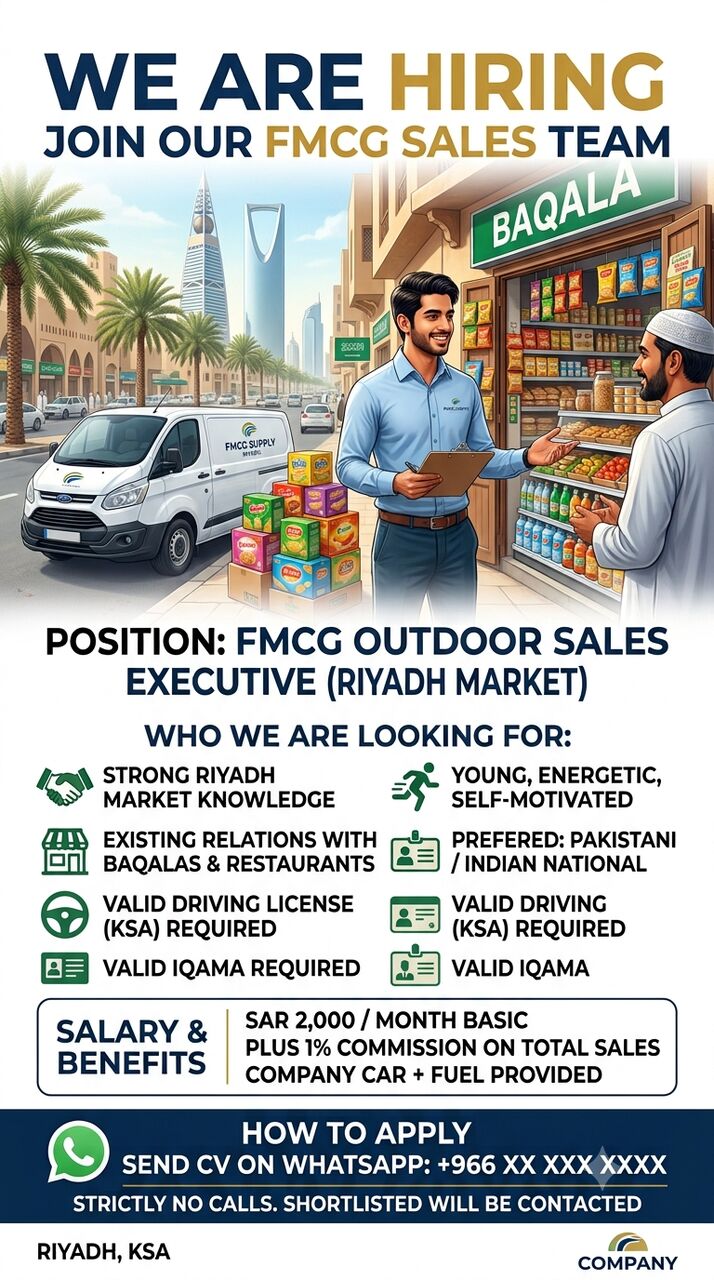 Riyadh, Jobs, FMCG Outdoor Sales Executive