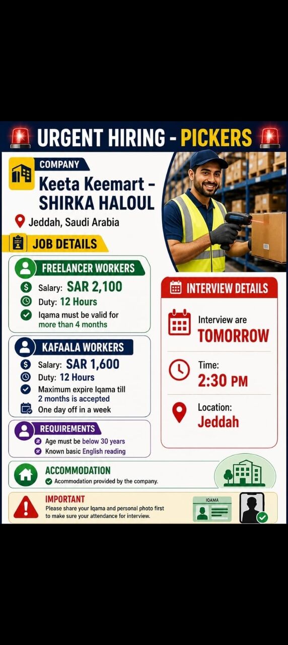 Jeddah, Jobs, Urgent Requirements Warehouse Worker