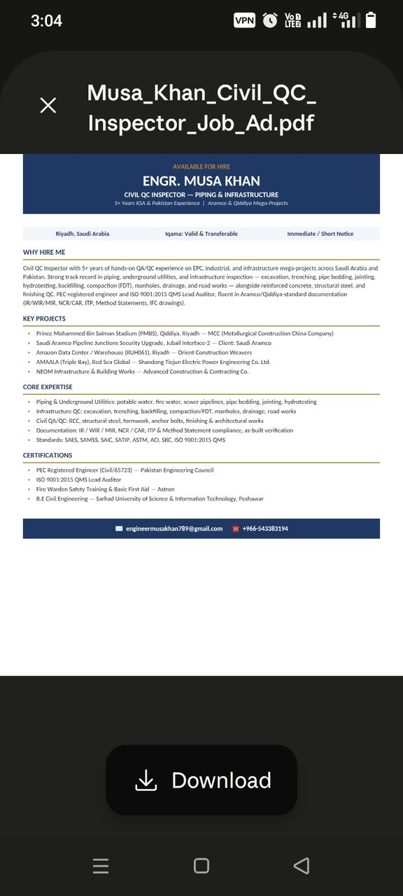 Riyadh, Job Seekers, CIVIL QC INSPECTOR | Piping & Infrastructure | 5+ Yrs KSA Exp | Aramco & Qiddiya Projects