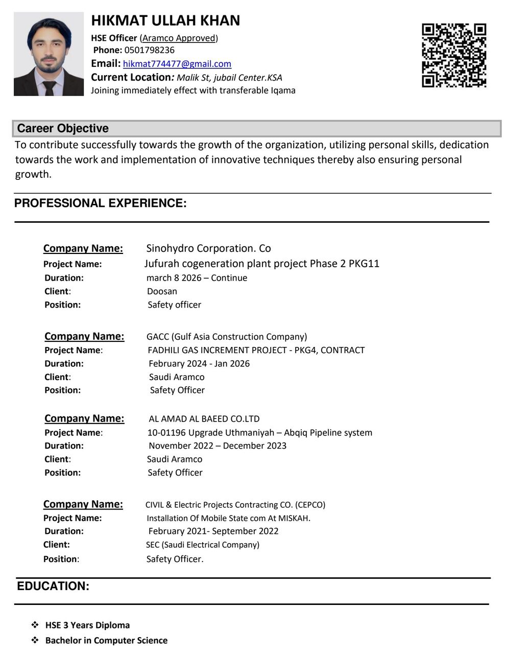 Jubail, Job Seekers, HSE Officer (Aramco Approved; Sinohydro, Approved, DOOSAN ID)