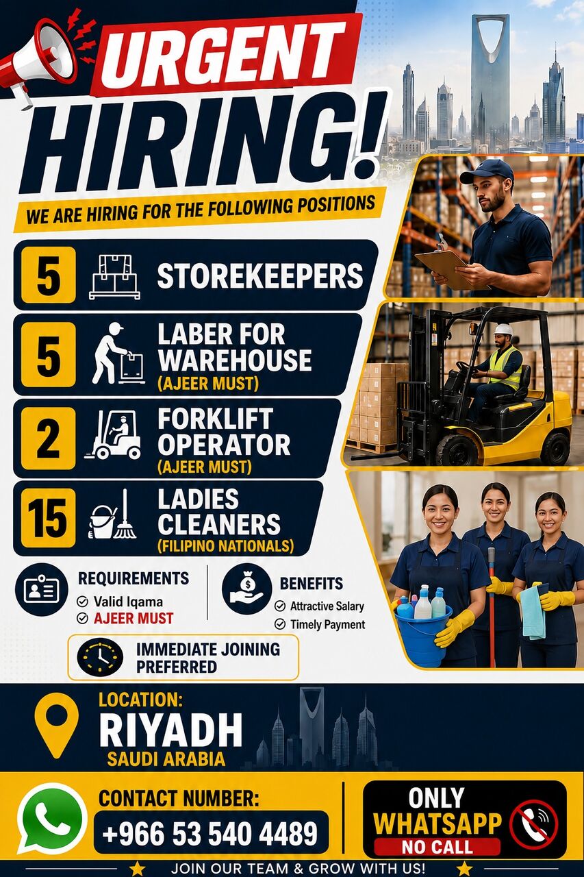 Riyadh, Jobs, HIRING &ndash; Storekeepers, Warehouse Laborers, Forklift Operators & Ladies Cleaners | Riyadh