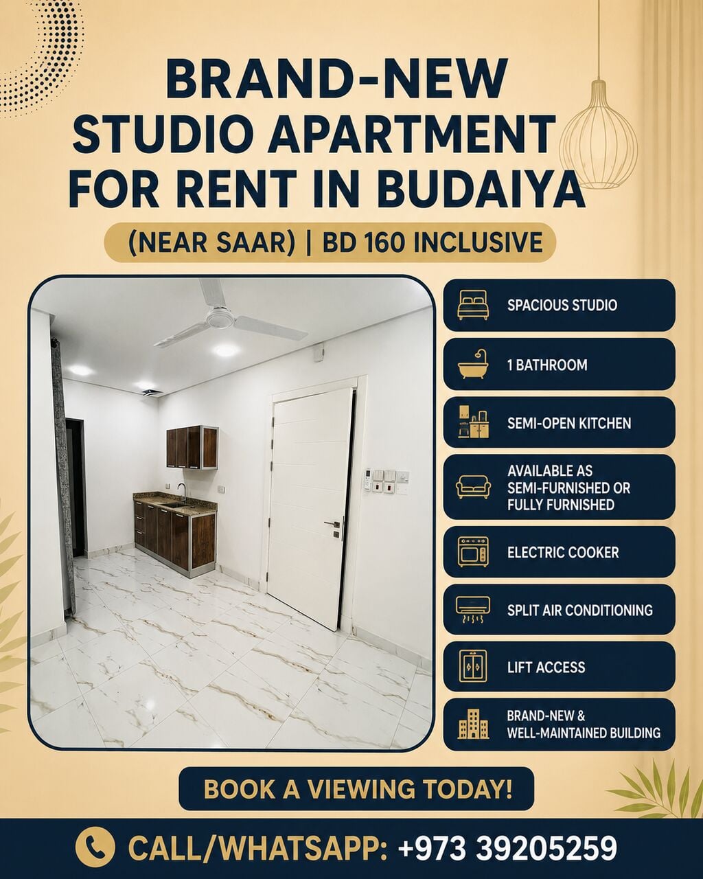 Budaiya, Apartments, Flats, Houses & Villas, BHD 160/month,  Furnished,  Studio,  Brand-New Studio Apartment For Rent In Budaiya Near Saar
