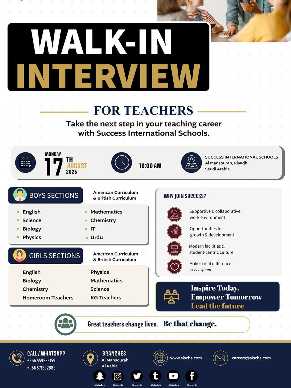 Riyadh, Jobs, Walk In Interview For Teachers On 17 Aug 2026