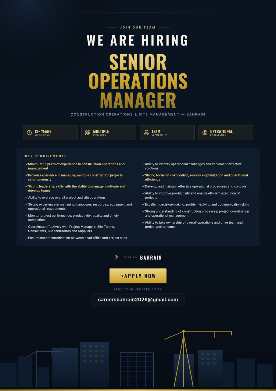 Manama, Jobs, Senior Operations Manager &ndash; Construction