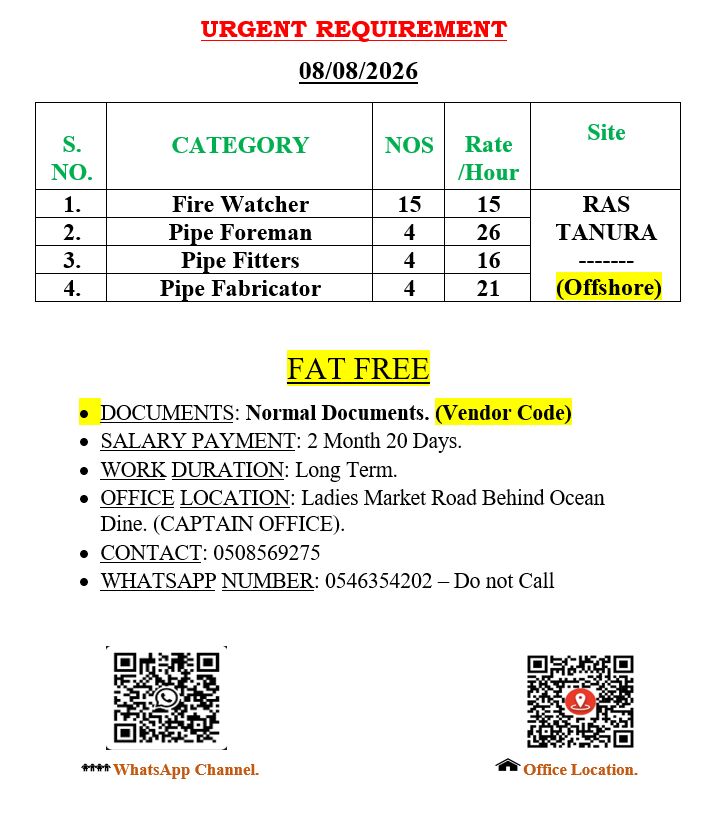 Jubail, Jobs, Fire Watcher II  Pipe Foreman II  Pipe Fitter II  Pipe Fabricator  ( VENDOR CODE )