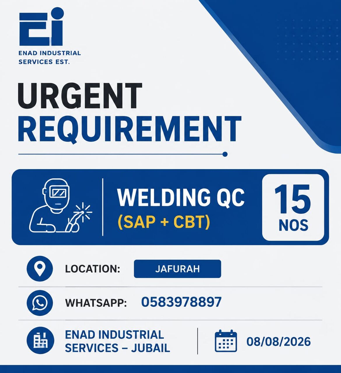Jubail, Jobs, Urgent Requirement